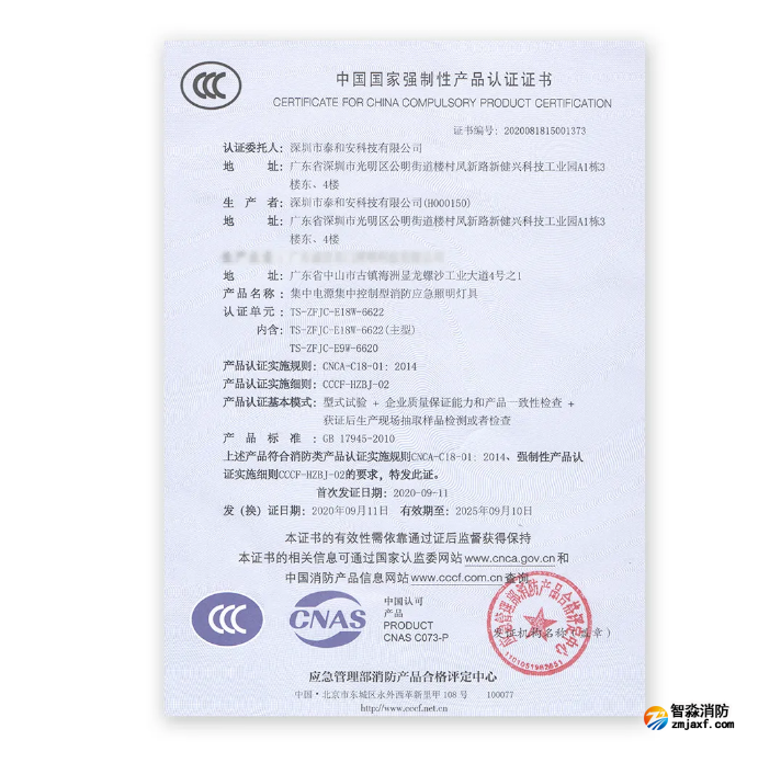 泰和安车库开云(中国)应急照明灯具证书