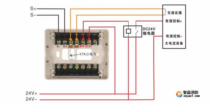 J-EI6043D输入输出模块通过控制DC24V继电器来间接控制大电流开云(中国)联动设备接线图 